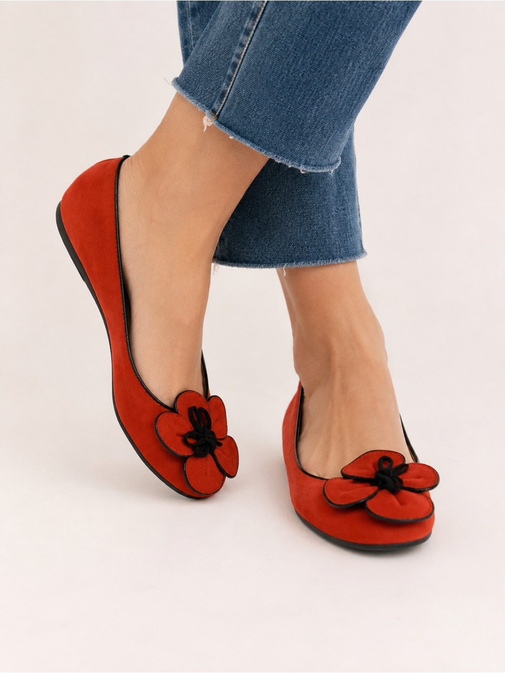 kate spade Red Suede Floral-Petal Ballet Flats with Black Trim